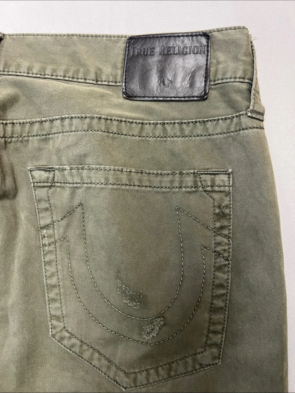 True Religion Olive Green Straight Jeans with Distressed Patchwork